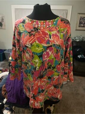 Ruby Rd. Floral Boatneck Tunic in Coral, Pink & Teal